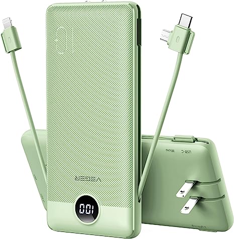 VEGER Portable Charger for iPhone Built in Cables Fast Charging USB C Slim 10000 Power Bank, Wall Plug USB Battery Pack for iPhones, iPad, Samsung More Phones Tablets (Green)