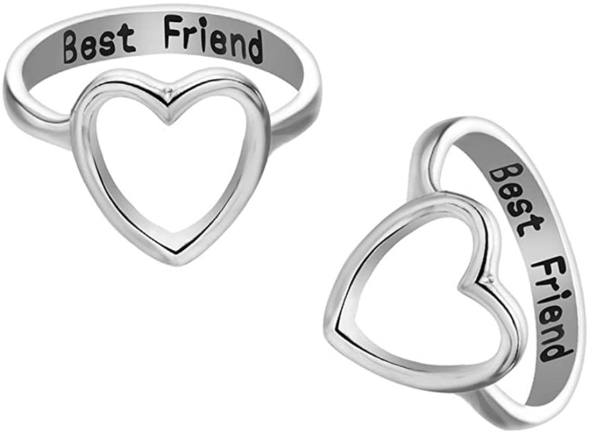 2 Pack Letter Best Friends Friendship Rings Hollow Heart Shape Engagement Rings for Women Girls Promise Wedding Rings Set