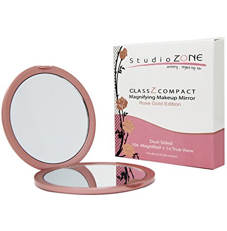 COMPACT MIRROR - MAGNIFYING MakeUp Mirror - Perfect for Purses - Travel - 2-sided with 10X Magnifying Mirror and 1x Mirror - ClassZ Compact Mirror - Rose Gold Edition