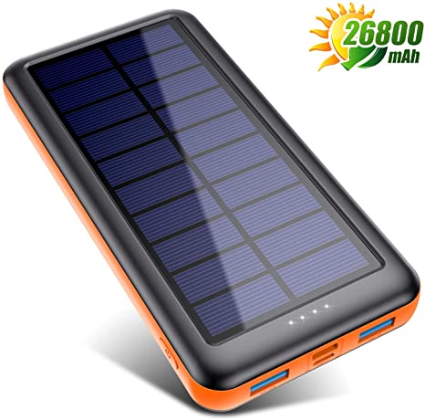 Pxwaxpy Solar Power Bank 26800mAh, Solar Charger 【Type C & Micro USB Input】 High Capacity Portable Charger Fast Charge External Battery Pack with 2 Outputs Compatible for Smartphones, Tablets and More