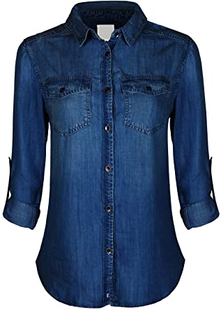 Design by Olivia Women's Classic Vintage Long/Roll Up Sleeve Button Down Denim Chambray Shirt (S-3XL)