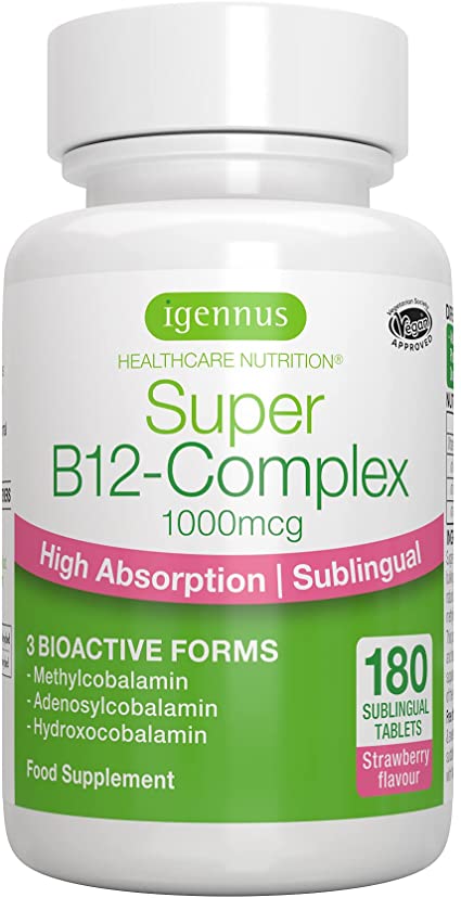 Super B12-Complex 1000mcg, High Absorption Sublingual Vitamin B12 in Bioactive Forms with methylcobalamin , Natural Strawberry Flavour, Vegan, 180 Tablets