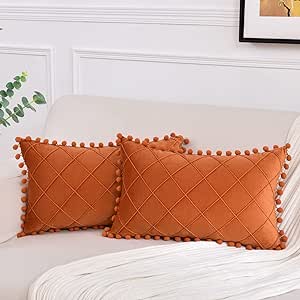 Fancy Homi 2 Packs Burnt Orange Lumbar Decorative Throw Pillow Covers 12x20 Inch with Pom-poms for Couch Bed, Rustic Farmhouse Boho Home Decor, Soft Velvet Plaid Solid Rectangle Cushion Case 30x50 cm