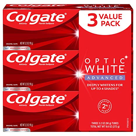 Colgate Optic White Advanced Teeth Whitening Toothpaste, Sparkling White - 3.2 Ounce (3 Pack)