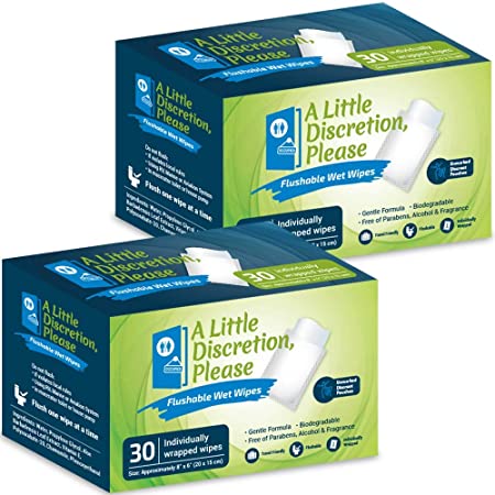 A Little Discretion, Please | Individually Wrapped Flushable Wipes For Adults in Discreet Unmarked Packaging | Unscented, Septic and Sewer Safe | Travel Wipes, Individual Wipes Biodegradable (60 Ct.)