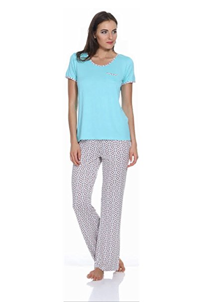 kathy ireland Women's 2 Piece Short Sleeve Sleep Shirt with Long Pants Pajama Set