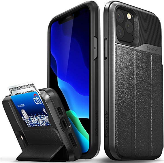 Vena iPhone 11 Pro Wallet Case, vCommute, Military Grade Drop Protection, Flip Leather Cover Card Slot Holder, Designed for iPhone 11 Pro (5.8 inches) - Space Gray (PC), Black (TPU), Black (Leather)