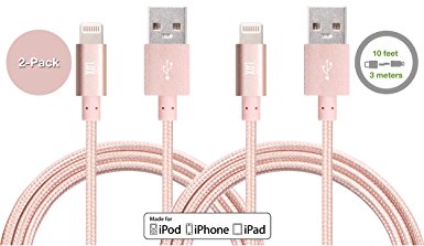 LAX Gadgets Apple MFi Certified Braided Lightning Charger Cord 10 Feet for Apple Devices – Rose Gold