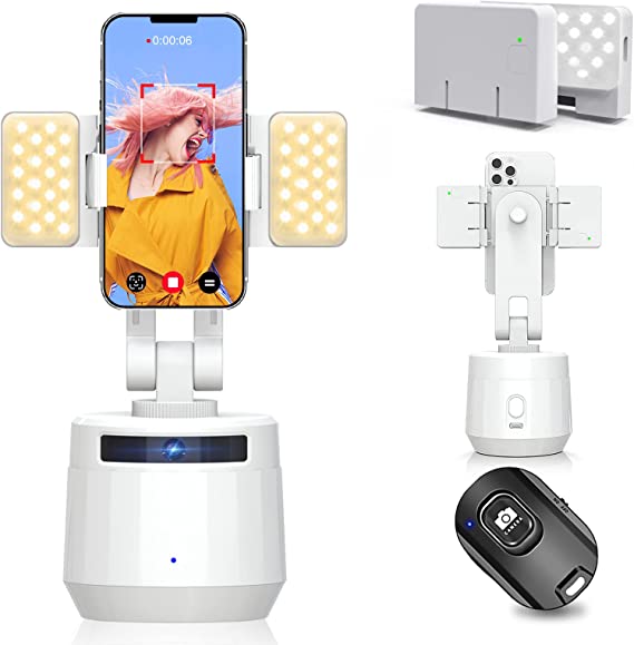 YENDILI Auto Face Motion Tracking Phone Holder with Remote, No APP, Smart Selfie Stick 360 Rotation Camera Stand, Tracking Tripod Phone Gimbal Stabilizer with Fill Lights for Vlog TIK Tok (White)