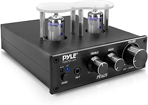 Bluetooth Tube Amplifier Stereo Receiver - 600W Home Audio Desktop Stereo Vacuum Tube Power Amplifier Receiver w/ 2 Vacuum Tubes, AUX/MP3/Microphone Inputs, Pure Copper Speaker Output - Pyle PVTA20