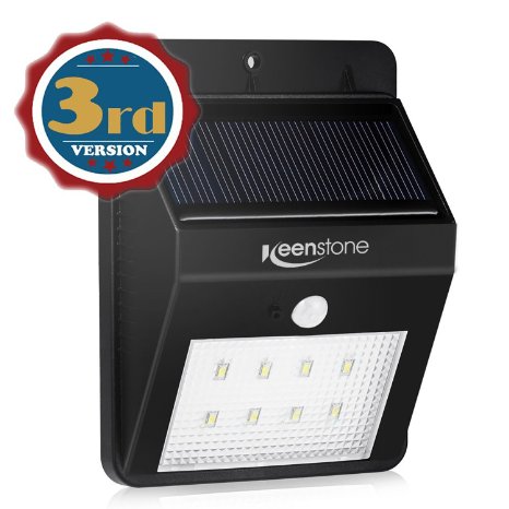 8 LEDs 3rd Generation Keenstone Bright Outdoor LED Light Solar Energy Powered - Weatherproof -Motion Sensor-Detector Activated for Patio Deck Yard Garden Home Driveway Stairs Outside Wall  Wireless Exterior Security Lighting No Battery Required  Dusk to Dawn Dark Sensing Auto On  Off