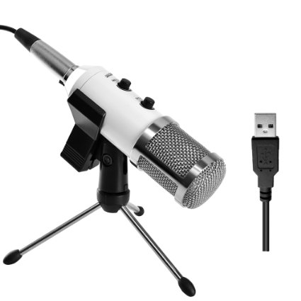 Fifine USB Cardioid recording Condenser Microphone Plug and Play with desktop tripod mic stand  anti-wind foam-White