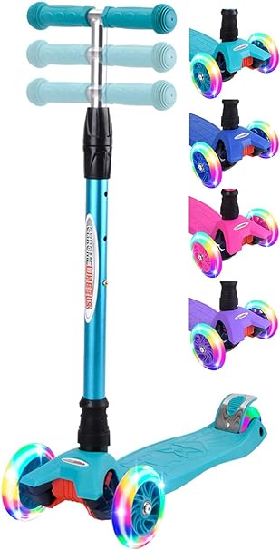 ChromeWheels Scooters for Kids, Deluxe 3 Wheels Kick Scooter 4 Adjustable Height 132lbs Weight Limit, Lean to Steer LED Light Up Wheel, Best Gifts for Girls Boys Ages 3-12 Years Old