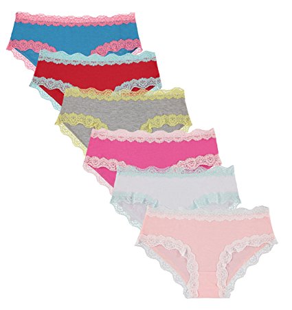 6 Pack: Free to Live Women's Colorful Lace Trim Hipster Cotton Panties