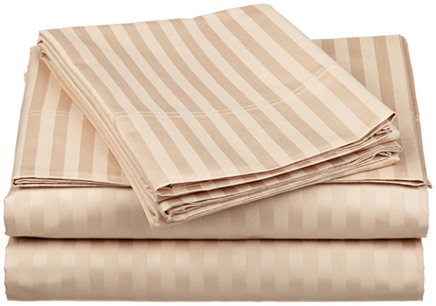 100% Egyptian Cotton 650 Thread Count Full 4-Piece Sheet Set, Deep Pocket, Single Ply, Stripe, Beige