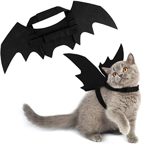 PAWABOO Cat Costume Bat Wings, Black Cat Kitten Bat Wings Cosplay with Hook and Loop Closure, Fancy Pet Kitty Dress Costume Outfit Halloween Party Costumes Apparel Dress Up Clothes Accessory, Black