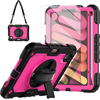 Blosomeet New iPad Mini 6th Generation Case 2021 8.3 Inch with Tempered Glass Screen Protector & Pencil Holder for Girls|Rugged Kids iPad Mini 6 Cover for Teachers w/Stand Hand Shoulder Strap |RoseRed