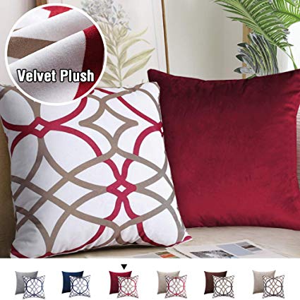 H.VERSAILTEX Decorative New Luxury Series Style Modern Velvet Plush Highly Durable Geometric Rustic Printed Design Taupe and Red Geo Pattern Plus Solid Red Pillow Covers for Bed, 18 x 18 Inch