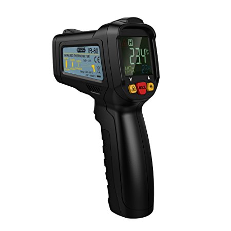 Dr.meter Non-Contact Digital Laser IR Infrared Thermometer Temperature Gun,With Full View Color LCD Backlit Display ,12 Point Aperture,-58℉ - 1022℉,IR-60