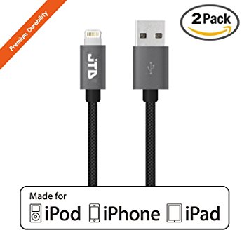 JTD ® 2-Pack 3ft Nylon Braided Lightning to USB Data Cable Charger Cord 3ft / 0.9m with Ultra-Compact Connector Head for iPhone 6S, 6 Plus iPad Air mini, iPod touch [Apple MFi Certified] (2-PAK BLK)