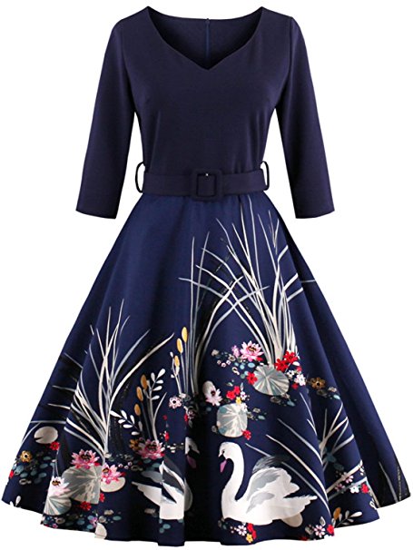 Babyonline Floral Vintage Women Dresses Half Sleeve 1950s Rockabilly Party Gown