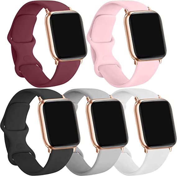 [5 Pack] Silicone Bands Compatible for Apple Watch Bands 42mm 44mm, Sport Band Compatible for iWatch Series 6 5 4 3 SE, Wine red/Pink/Black/Gray/White, 42mm/44mm-S/M