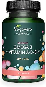 Omega 3 VEGAN |   Vitamina D3, K2, E, A | DHA   EPA | con olio di alghe Premium Life’s™ OMEGA Pressato a Freddo | Vitamine ADEK | 60 capsule vegane | Vegavero®