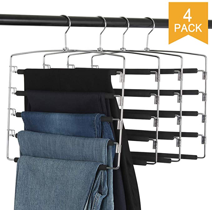 Clothes Pants Slack Hangers 5 Layers Non Slip Closet Storage Organizer Space Saving Hanger with Foam Padded Swing Arm for Pants Jeans Scarf Trousers Skirts (Updated Version-4pcs Black)