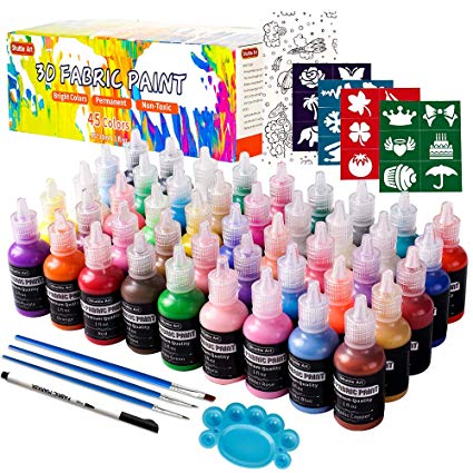 Fabric Paint, 45 Colors 3D Fabric Permanent Paint with 3 Brushes 1 Palette 1 Fabric Pen 1 Fabric sheet 4 Stencils, Glow in The Dark, Glitter, Metallic Colors for Textile Fabric T-Shirt Glass Wood