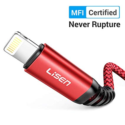 LISEN iPhone Charger Cable 6ft, [Apple MFi Certified] Lightning Cable, Nylon Braided USB Fast Charging Cord Compatible with iPhone X/Xs Max/XR / 8/8 Plus / 7/7 Plus iPad (Red)