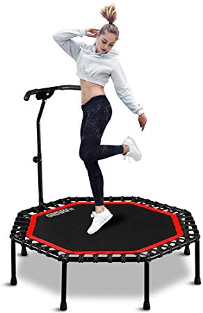 ONETWOFIT 51" Silent Trampoline with Adjustable Handle Bar, Fitness Trampoline Bungee Rebounder Jumping Cardio Trainer Workout for Adults