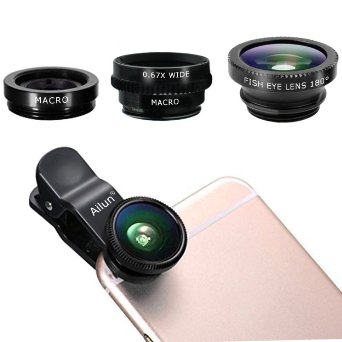 iPhone Lensby Ailun3 in 1 Clip On 180 Degree Fish Eye Lens065X Wide Angle10X Macro LensUniversal HD Camera Lens Kit for iPhone 6s6s Plus6SE55sSamsungBlackberryMobile Phone Black