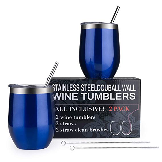 EKKONG 12 oz Stainless Steel Stemless Wine Glass Tumbler, Double Wall Vaccum Insulated Travel Tumbler with Lids, Straws and Brushes for Wine, Coffee, Champagne, Cocktails, 2 Sets (Blue)