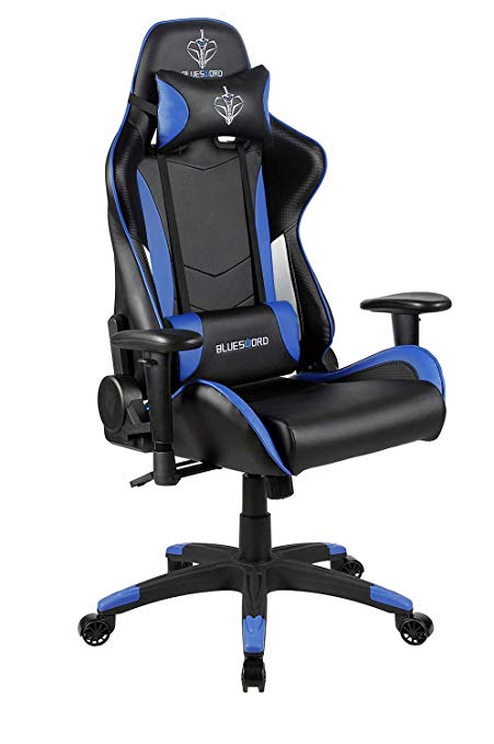BLUE SWORD Gaming Chair, Adjustable High-Back Racing Chair with Headrest and Lumbar Support, 360° Swivel, Carbon Fiber, Leatherette, Polyester Five-Star Base, Blue
