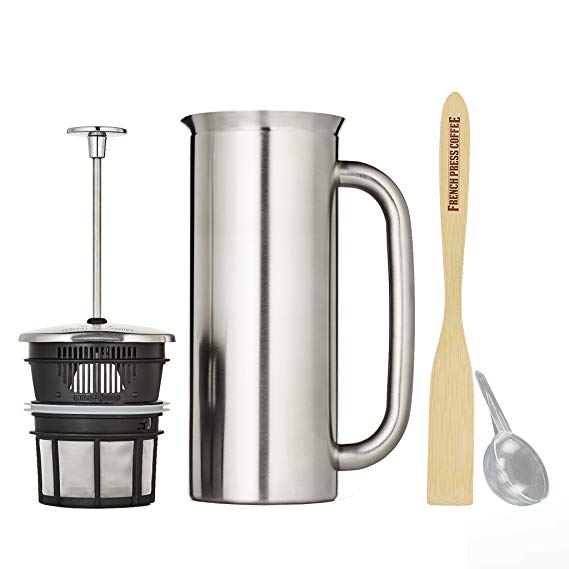 Espro Press P7, Stainless Steel French Press, Double Wall, Vacuum Insulated (3-4 cups, 18 ounce, Brushed) Bundle with Handcrafted Bamboo Paddle, Coffee Scoop