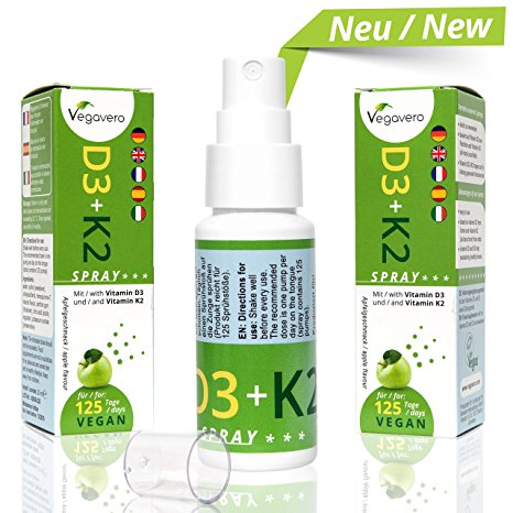 NEW: Vitamin D3   K2-MK7 Spray, 25ml | 125 Sprays, 4 Month Supply | 20 mcg Vitamin D 3 (800IU)   75 mcg Vitamin K 2 per Spray | Optimal Calcium Uptake & Bone Health | Apple Flavour | Vegan & Vegetarian by Vegavero