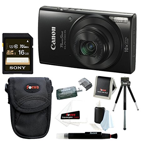 Canon PowerShot ELPH 190 IS 20 MP Digital Camera (Black)   Sony 16GB Memory Card   Focus Medium Point & Shoot Camera Accessory Bundle
