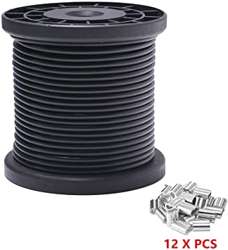 Stainless Steel 304 Black Wire Rope, Vinyl Coated, 7x7 Strand Core, Wire Rope OD is 1/16"，Coated OD is 3/32"， 100' Length, 326 lbs Breaking Strength