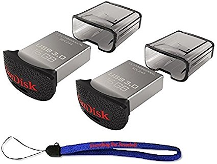 SanDisk Ultra Fit CZ43 16GB USB 3.0 Low-Profile Flash Drive Up To 130MB/s Read- SDCZ43-016G-G46 16G (2 pack) Flash Drive Jump Drive Pen Drive - w/ (1) Everything But Stromboli (TM) Lanyard