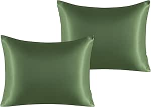 NTBAY 2 Pack Satin Standard Pillowcases for Hair and Skin, Luxurious and Silky Pillow Cases with Envelope Closure, 20x26 Inches, Olive Green