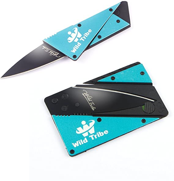 Card Shaped Folding Knife Survival Knife Pocket Knife,with Stainless Steel Shell Black Blade(Blue)