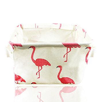 Small Foldable Storage Basket Canvas Fabric Waterproof Organizer Collapsible and Convenient For Nursery Babies Room 100% COTOON with Handle (Flamingo)