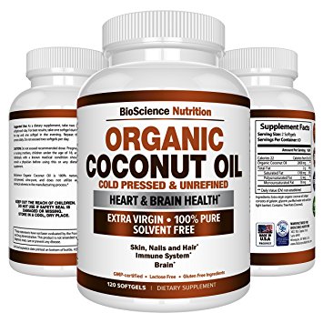 Organic Coconut Oil 2000mg - 100% EXTRA VIRGIN Cold Pressed for Weight Loss, Skin, Hair, Nails - 120 Softgel Capsules - BioScience Nutrition