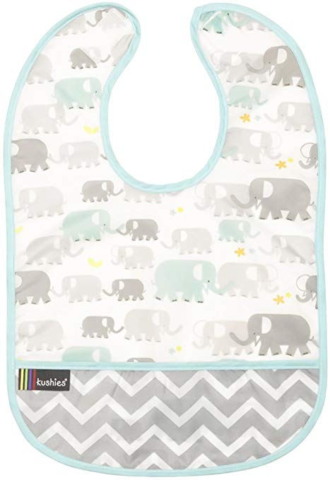 Kushies Cleanbib Waterproof Feeding Bib with Catch All/Crumb Catcher Pocket. Wipe Clean and Reuse! Lightweight for Comfort, Baby Boys and Girls, Unisex, 12 Months and Up, Neutral White Elephants