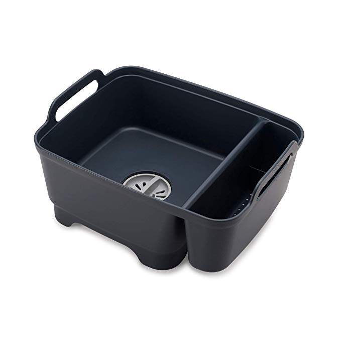 Joseph Joseph Wash & Drain Store Wash Basin Dishpan with Storage Caddy Draining Plug Carry Handles 15.5-in x 12.2-in x 8-in Gray