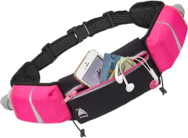 Athlé Running Belt - 2 10oz Water Bottles, Large Fanny Pack Pocket Fits All Phones and Wallet, Bib Fasteners, Adjustable One Size Fits All Waist Band, Key Clip, 360° Reflective