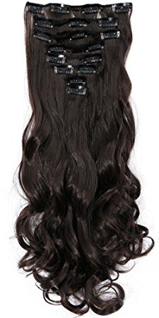 S-noilite17" Long Curly Wavy Dark Brown Clip in on 8 Pieces Full Head Set Hair Extensions 8pcs Hairpiece Extension for Girl Lady Women