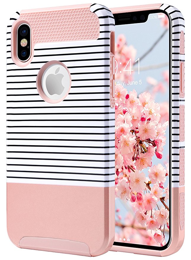 iPhone X Case, Pretty iPhone X Case, ULAK Slim Dual Layer Hybrid Glossy Finish Hard PC Shell Flexible Shock Absorbing TPU Skin Protective Grip Cover for Apple iPhone X 5.8", Rose Gold Minimal