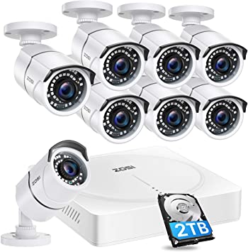 ZOSI 5MP 8CH CCTV Camera System H.265  Video DVR with 2TB Hard Drive, 8x 5MP Surveillance Outdoor Security Bullet Cameras Weatherproof IP67 120ft Night Vision Remote Access Motion Detection