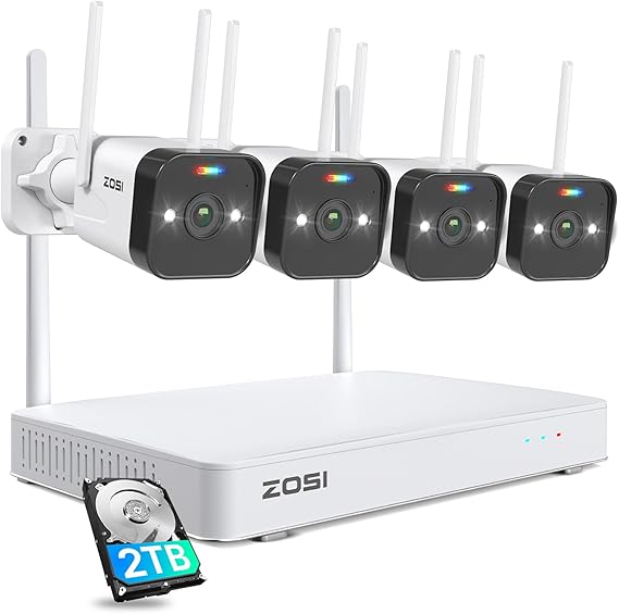 ZOSI 2.5K WiFi Security Camera Wireless Outdoor System,2TB HDD,8 Channel NVR for 24/7 Recording,4 x 4MP Cameras for Home with Color Night Vision,Person Vehicle Detection,2-Way Talk,Siren Alarm,Plug-in